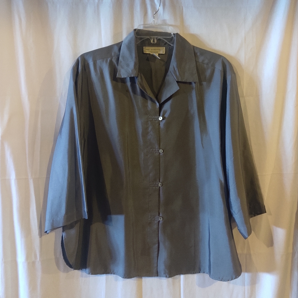 Silk Essentials Grey Silk Button Down Blouse Jack… - image 1